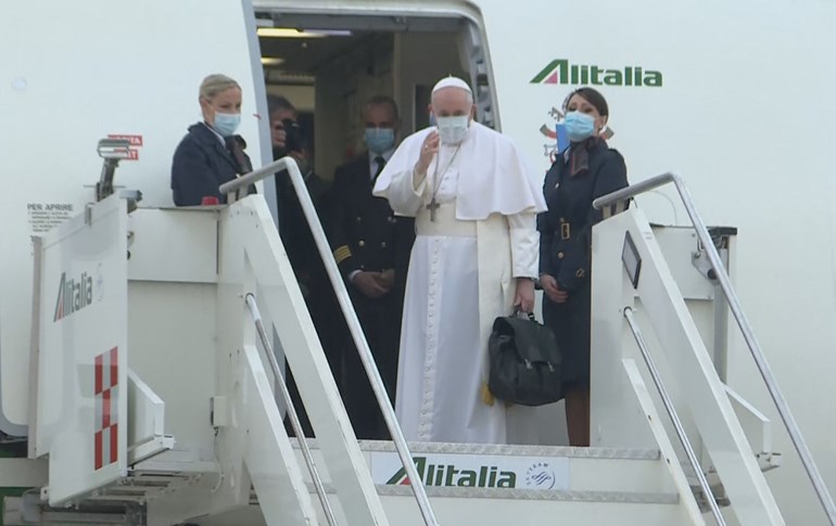 Pope Francis has boarded the plane in Rome, departing this morning for Baghdad. Photo: screengrab/AP video