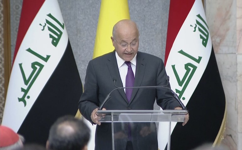 President Barham Salih speaks at the Presidential Palace in Baghdad on March 5, 2021. Photo: Rudaw
