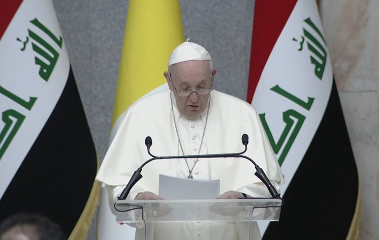 Pope Francis speaks at the Presidential Palace in Baghdad on March 5, 2021. Photo: Rudaw