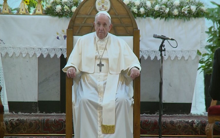 Pope Francis speaks at Baghdad's Our Lady of Salvation Church on March 5, 2021. Photo: Rudaw