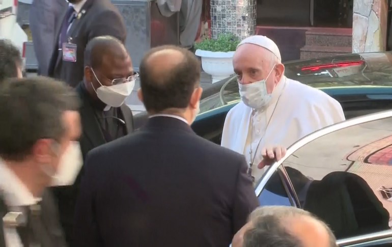 Pope Francis arrives at Grand Ayatollah Ali al-Sistani's house in Najaf. Photo: screengrab/AFP