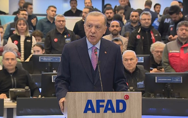 Turkish President Recep Tayyip Erdogan speaking from the AFAD headquarters in Ankara on February 6, 2023. Photo: AFP/screengrab