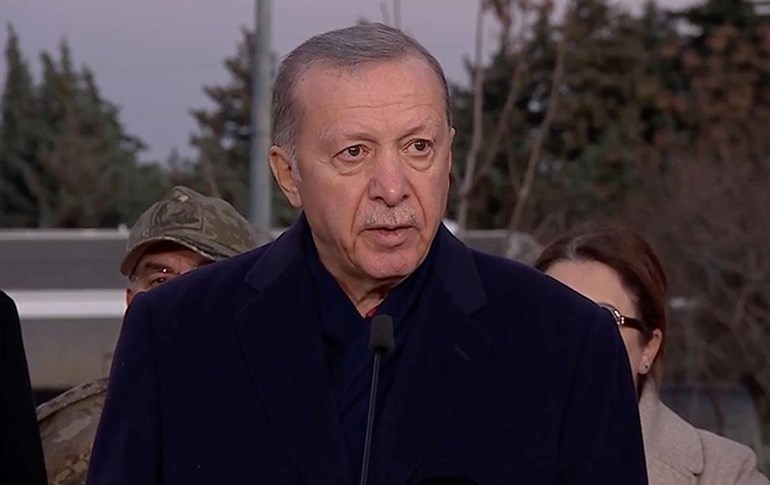 Turkish President Recep Tayyip Erdogan speaking from earthquake-hit Hatay province on February 8, 2023. Photo: AA