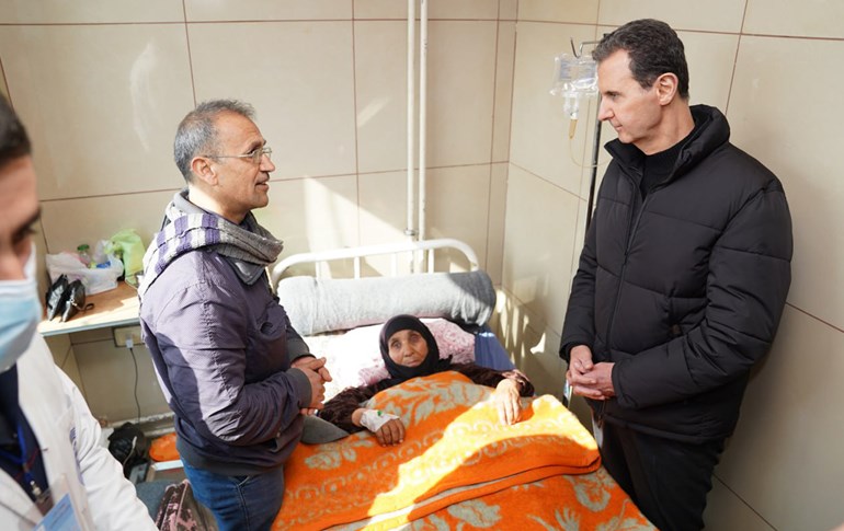 Syrian President Bashar al-Assad visiting the Aleppo University Hospital on February 10, 2023. Photo: Assad's office