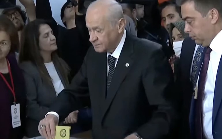 Leader of Turkey's Nationalist Movement Party (MHP) Devlet Bahceli voting in Ankara on May 14, 2023. Photo: Social media