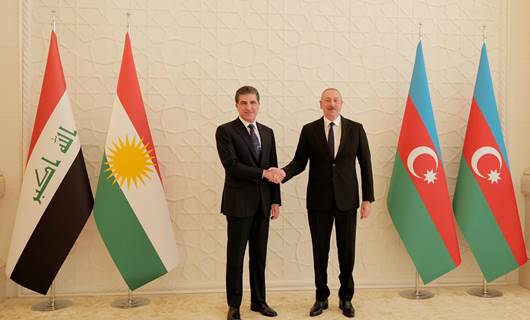 Serokê Herêma Kurdistanê Nêçîrvan Barzanî û Serokê Azerbaycanê Îlham Aliyev li Bakuyê.