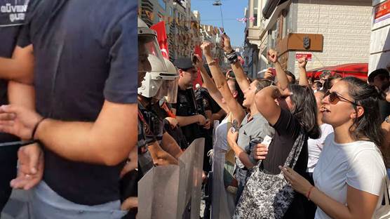 Foto: Elleri arkadan kelepçelenen kişinin fotoğrafı Twitter'te yayınlanan bir videodan alıntılanmıştır. Sağdaki fotoğraf ise Eylem Nazlıer tarafından çekilmiştir. 