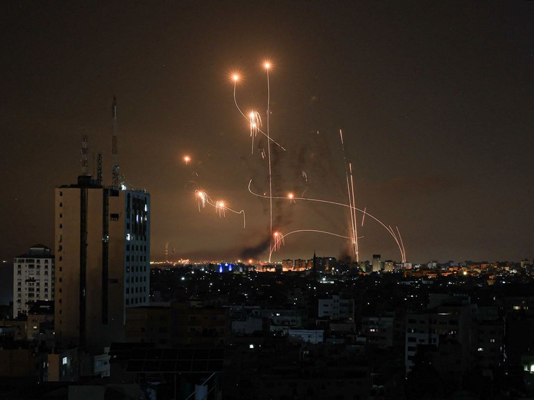 Israel’s Iron Dome missile defense system intercepts rockets launched from Gaza on October 8, 2023.Photo: Mahmud Hams/AFP