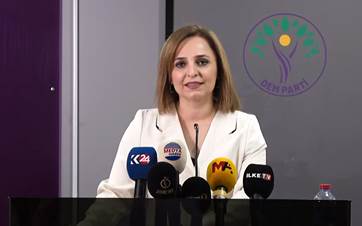 DEM Party spokesperson Aysegul Dogan speaking during a press conference on June 9, 2024. Photo: Screengrab/DEM Party