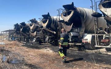 The six concrete mixer trucks that burned down in a blaze on June 14, 2024. Photo: Rudaw