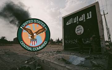 From left: CENTCOM logo and ISIS flag 