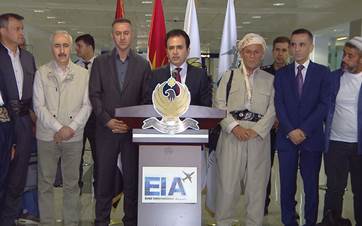 Kurdistan Regional Government (KRG) Minister of Endowment and Religious Affairs Pshtiwan Sadiq speaking at a press conference after welcoming back the first batch of returning pilgrims at the Erbil International Airport on June 24, 2024. Photo: Rudaw