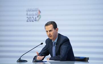 Syrian President Bashar al-Assad speaking at an event in Damascus on May 4, 2024. Photo: Syrian presidency/handout 