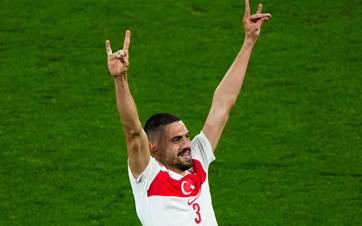 Turkey’s defender Merih Demiral (#3) celebrates scoring his team’s second goal during the UEFA Euro 2024 round of 16 match against Austria with an ultranationalist Grey Wolves salute, at the Leipzig Stadium on July 2, 2024. Photo: AP