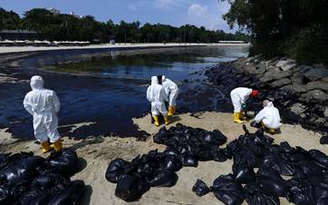 Workers clean oil spill along Sentosa’s Tanjong Beach area in Singapore on June 16, 2024. Photo: Suhaimi Abdullah/AP