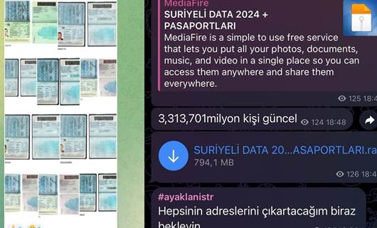 A screenshot showing the Telegram channel sharing the passport information of millions of Syrians, and texts in Turkish reading "3,313,701 person updated" and "I'll get the addresses of all of them, wait a bit". Graphic: Rudaw.