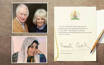 This photo shows a picture of King Charles III and Queen Camilla, a congratulatory message from the British Royal Family, and a picture of Bahia Jaff on the occasion of her 100th birthday on July 1, 2024