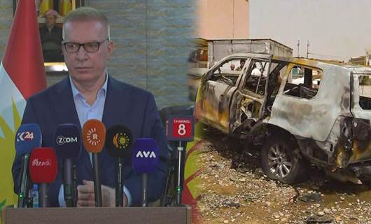 Akram Salih, the head of the Kurdistan Democratic Party's (KDP) Kalar branch (left), and he charred remains of his car on July 15, 2024. Photo: Rudaw