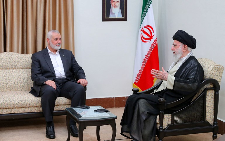 Iran's Supreme Leader Ayatollah Ali Khamenei shows him (right) meeting with Hamas leader Ismail Haniyeh in Tehran on July 30, 2024. Photo: KHAMENEI.IR / AFP
