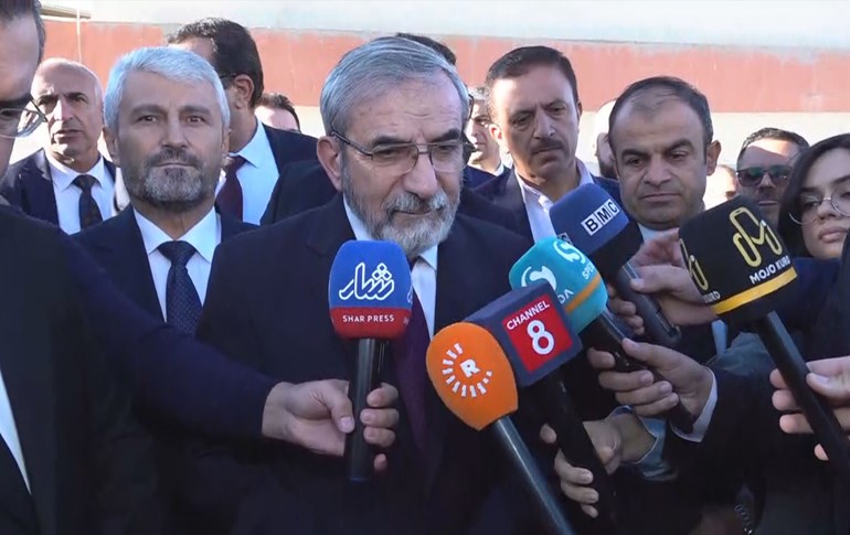 Salahaddin Mohammed Bahaddin, the leader of the Kurdistan Islamic Union (KIU), speaking to journalists in Sulaimani on October 20, 2024. Photo: Rudaw