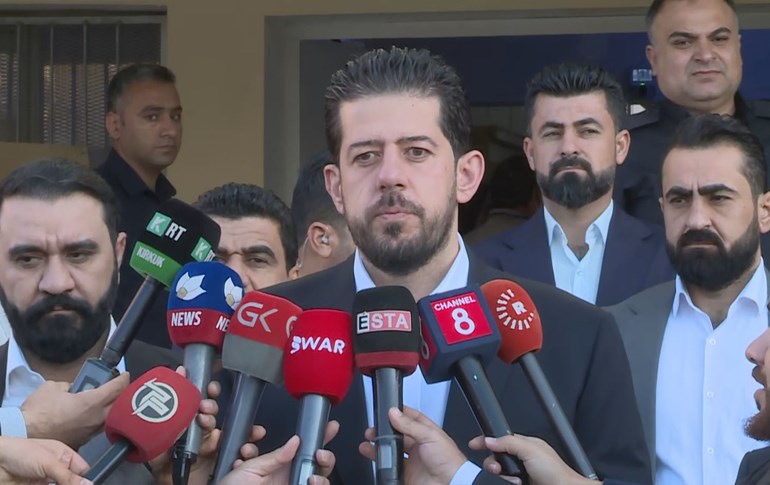 Shalaw Kosrat Rasul, the head of the Patriotic Union of Kurdistan (PUK) list in Erbil speaking to journalists in Erbil on October 20, 2024. Photo: Rudaw