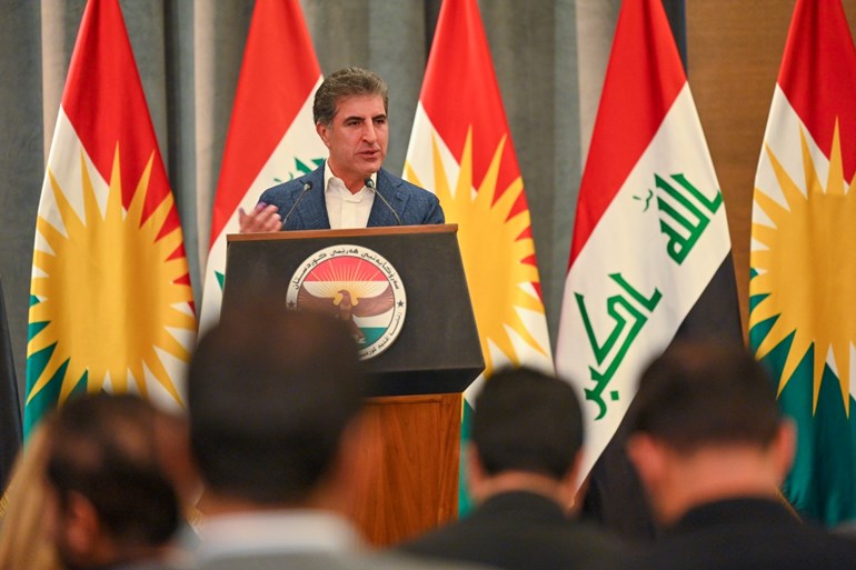 Kurdistan Region President Nechirvan Barzani speaking to reporters after casting his vote in the October 20, 2024 parliamentary elections. Photo: Bilind T. Abdullah/Rudaw