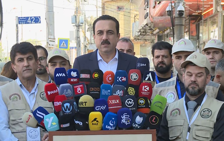 Erbil Governor Omed Khoshnaw speaking during a press conference. Photo: Rudaw